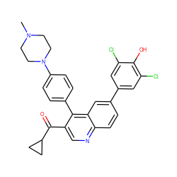 CN1CCN(c2ccc(-c3c(C(=O)C4CC4)cnc4ccc(-c5cc(Cl)c(O)c(Cl)c5)cc34)cc2)CC1 ZINC000114036751