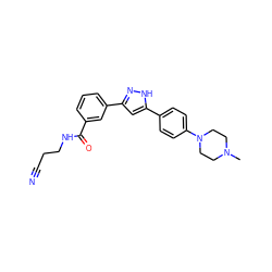 CN1CCN(c2ccc(-c3cc(-c4cccc(C(=O)NCCC#N)c4)n[nH]3)cc2)CC1 ZINC000066080524