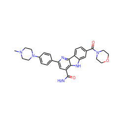 CN1CCN(c2ccc(-c3cc(C(N)=O)c4[nH]c5cc(C(=O)N6CCOCC6)ccc5c4n3)cc2)CC1 ZINC000113204306