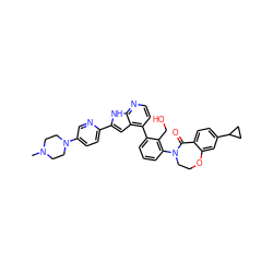 CN1CCN(c2ccc(-c3cc4c(-c5cccc(N6CCOc7cc(C8CC8)ccc7C6=O)c5CO)ccnc4[nH]3)nc2)CC1 ZINC000224769760