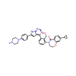 CN1CCN(c2ccc(-c3cc4c(-c5cccc(N6CCOc7cc(C8CC8)ccc7C6=O)c5CO)ncnc4[nH]3)cc2)CC1 ZINC000224763679