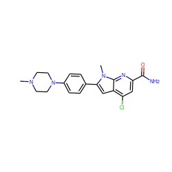 CN1CCN(c2ccc(-c3cc4c(Cl)cc(C(N)=O)nc4n3C)cc2)CC1 ZINC001772651269