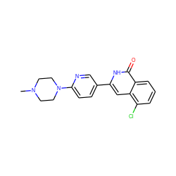 CN1CCN(c2ccc(-c3cc4c(Cl)cccc4c(=O)[nH]3)cn2)CC1 ZINC000204919676