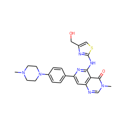 CN1CCN(c2ccc(-c3cc4ncn(C)c(=O)c4c(Nc4nc(CO)cs4)n3)cc2)CC1 ZINC000143412434