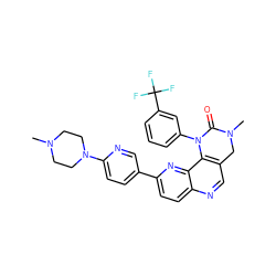 CN1CCN(c2ccc(-c3ccc4ncc5c(c4n3)N(c3cccc(C(F)(F)F)c3)C(=O)N(C)C5)cn2)CC1 ZINC000149792865