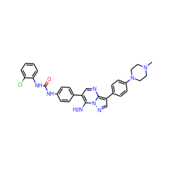 CN1CCN(c2ccc(-c3cnn4c(N)c(-c5ccc(NC(=O)Nc6ccccc6Cl)cc5)cnc34)cc2)CC1 ZINC000049777033