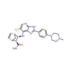 CN1CCN(c2ccc(-c3nc4c(N[C@H]5[C@@H](C(N)=O)[C@@H]6C=C[C@H]5C6)c(Cl)cnc4[nH]3)cc2)CC1 ZINC000169329257