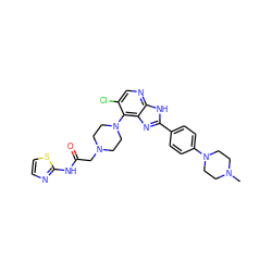 CN1CCN(c2ccc(-c3nc4c(N5CCN(CC(=O)Nc6nccs6)CC5)c(Cl)cnc4[nH]3)cc2)CC1 ZINC000299865909