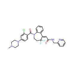 CN1CCN(c2ccc(C(=O)N3CCC(F)(F)/C(=C\C(=O)NCc4ccccn4)c4ccccc43)c(Cl)c2)CC1 ZINC000044305640