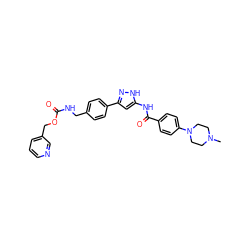 CN1CCN(c2ccc(C(=O)Nc3cc(-c4ccc(CNC(=O)OCc5cccnc5)cc4)n[nH]3)cc2)CC1 ZINC000084653538