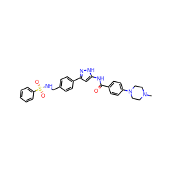 CN1CCN(c2ccc(C(=O)Nc3cc(-c4ccc(CNS(=O)(=O)c5ccccc5)cc4)n[nH]3)cc2)CC1 ZINC000084711029