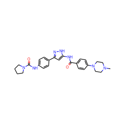 CN1CCN(c2ccc(C(=O)Nc3cc(-c4ccc(NC(=O)N5CCCC5)cc4)n[nH]3)cc2)CC1 ZINC000096270668