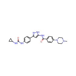 CN1CCN(c2ccc(C(=O)Nc3cc(-c4ccc(NC(=O)NC5CC5)cc4)n[nH]3)cc2)CC1 ZINC000096270669