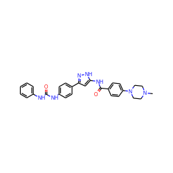 CN1CCN(c2ccc(C(=O)Nc3cc(-c4ccc(NC(=O)Nc5ccccc5)cc4)n[nH]3)cc2)CC1 ZINC000096270641