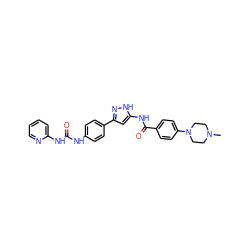 CN1CCN(c2ccc(C(=O)Nc3cc(-c4ccc(NC(=O)Nc5ccccn5)cc4)n[nH]3)cc2)CC1 ZINC000096270667