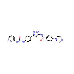 CN1CCN(c2ccc(C(=O)Nc3cc(-c4ccc(NC(=O)Nc5cccnc5)cc4)n[nH]3)cc2)CC1 ZINC000096270666