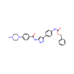 CN1CCN(c2ccc(C(=O)Nc3cc(-c4ccc(NC(=O)OCc5ccccc5)cc4)n[nH]3)cc2)CC1 ZINC000084729310