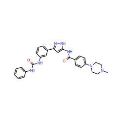 CN1CCN(c2ccc(C(=O)Nc3cc(-c4cccc(NC(=O)Nc5ccccc5)c4)n[nH]3)cc2)CC1 ZINC000072177767