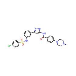 CN1CCN(c2ccc(C(=O)Nc3cc(-c4cccc(NS(=O)(=O)c5ccc(Cl)cc5)c4)n[nH]3)cc2)CC1 ZINC000072177629