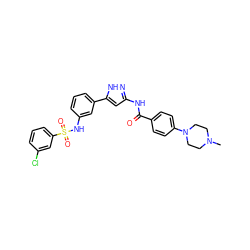 CN1CCN(c2ccc(C(=O)Nc3cc(-c4cccc(NS(=O)(=O)c5cccc(Cl)c5)c4)[nH]n3)cc2)CC1 ZINC000072177628