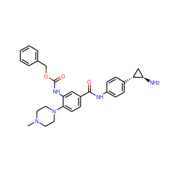 CN1CCN(c2ccc(C(=O)Nc3ccc([C@@H]4C[C@H]4N)cc3)cc2NC(=O)OCc2ccccc2)CC1 ZINC000653721403