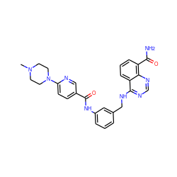 CN1CCN(c2ccc(C(=O)Nc3cccc(CNc4ncnc5c(C(N)=O)cccc45)c3)cn2)CC1 ZINC000166958771