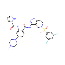 CN1CCN(c2ccc(C(=O)Nc3n[nH]c4c3CN(S(=O)(=O)c3cc(F)cc(F)c3)CC4)c(NC(=O)c3ccc[nH]3)c2)CC1 ZINC000042920945