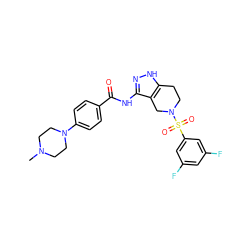 CN1CCN(c2ccc(C(=O)Nc3n[nH]c4c3CN(S(=O)(=O)c3cc(F)cc(F)c3)CC4)cc2)CC1 ZINC000043019933