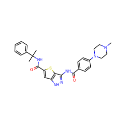 CN1CCN(c2ccc(C(=O)Nc3n[nH]c4cc(C(=O)NC(C)(C)c5ccccc5)sc34)cc2)CC1 ZINC000064540155