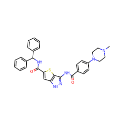 CN1CCN(c2ccc(C(=O)Nc3n[nH]c4cc(C(=O)NC(c5ccccc5)c5ccccc5)sc34)cc2)CC1 ZINC000064540998