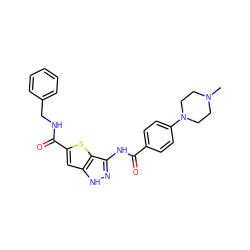 CN1CCN(c2ccc(C(=O)Nc3n[nH]c4cc(C(=O)NCc5ccccc5)sc34)cc2)CC1 ZINC000036473580