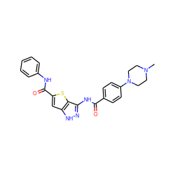 CN1CCN(c2ccc(C(=O)Nc3n[nH]c4cc(C(=O)Nc5ccccc5)sc34)cc2)CC1 ZINC000064548648