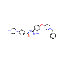 CN1CCN(c2ccc(C(=O)Nc3n[nH]c4cc(OC5CCN(Cc6ccccc6)CC5)ccc34)cc2)CC1 ZINC000144028062