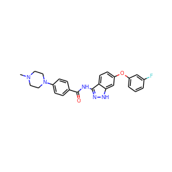 CN1CCN(c2ccc(C(=O)Nc3n[nH]c4cc(Oc5cccc(F)c5)ccc34)cc2)CC1 ZINC000144008303