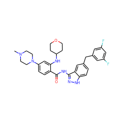 CN1CCN(c2ccc(C(=O)Nc3n[nH]c4ccc(Cc5cc(F)cc(F)c5)cc34)c(NC3CCOCC3)c2)CC1 ZINC000043204146