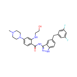 CN1CCN(c2ccc(C(=O)Nc3n[nH]c4ccc(Cc5cc(F)cc(F)c5)cc34)c(NCCO)c2)CC1 ZINC000200763760