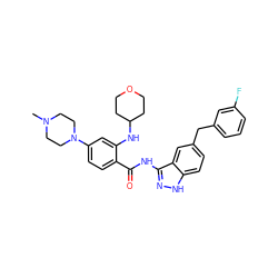 CN1CCN(c2ccc(C(=O)Nc3n[nH]c4ccc(Cc5cccc(F)c5)cc34)c(NC3CCOCC3)c2)CC1 ZINC000148748357