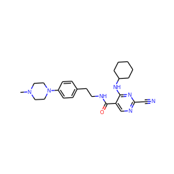 CN1CCN(c2ccc(CCNC(=O)c3cnc(C#N)nc3NC3CCCCC3)cc2)CC1 ZINC000014972076