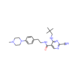 CN1CCN(c2ccc(CCNC(=O)c3cnc(C#N)nc3NCC(C)(C)C)cc2)CC1 ZINC000014972093