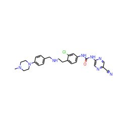 CN1CCN(c2ccc(CNCCc3ccc(NC(=O)Nc4cnc(C#N)cn4)cc3Cl)cc2)CC1 ZINC000140068619