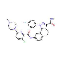 CN1CCN(c2ccc(Cl)c(C(=O)Nc3ccc4c(c3)-c3c(c(C(N)=O)nn3-c3ccc(F)cc3)CC4)n2)CC1 ZINC000049756628