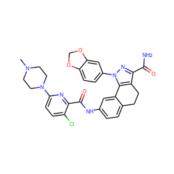 CN1CCN(c2ccc(Cl)c(C(=O)Nc3ccc4c(c3)-c3c(c(C(N)=O)nn3-c3ccc5c(c3)OCO5)CC4)n2)CC1 ZINC000049746696