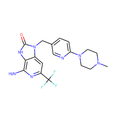 CN1CCN(c2ccc(Cn3c(=O)[nH]c4c(N)nc(C(F)(F)F)cc43)cn2)CC1 ZINC000072124278