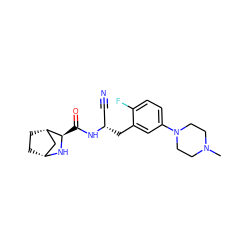 CN1CCN(c2ccc(F)c(C[C@@H](C#N)NC(=O)[C@H]3N[C@@H]4CC[C@H]3C4)c2)CC1 ZINC000219292285