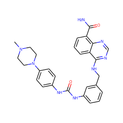 CN1CCN(c2ccc(NC(=O)Nc3cccc(CNc4ncnc5c(C(N)=O)cccc45)c3)cc2)CC1 ZINC000166966926