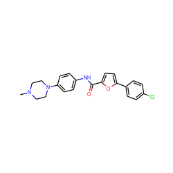 CN1CCN(c2ccc(NC(=O)c3ccc(-c4ccc(Cl)cc4)o3)cc2)CC1 ZINC000004983389