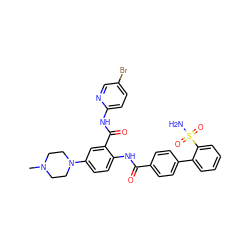 CN1CCN(c2ccc(NC(=O)c3ccc(-c4ccccc4S(N)(=O)=O)cc3)c(C(=O)Nc3ccc(Br)cn3)c2)CC1 ZINC000028093657