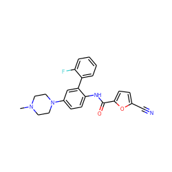 CN1CCN(c2ccc(NC(=O)c3ccc(C#N)o3)c(-c3ccccc3F)c2)CC1 ZINC000029047433