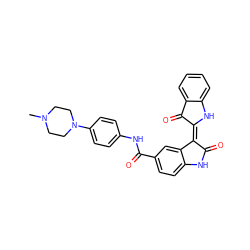 CN1CCN(c2ccc(NC(=O)c3ccc4c(c3)/C(=C3/Nc5ccccc5C3=O)C(=O)N4)cc2)CC1 ZINC000101351630