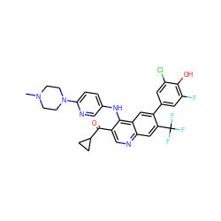 CN1CCN(c2ccc(Nc3c(C(=O)C4CC4)cnc4cc(C(F)(F)F)c(-c5cc(F)c(O)c(Cl)c5)cc34)cn2)CC1 ZINC000219380433